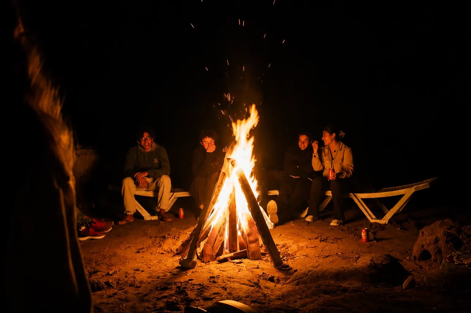 El grupo alrededor de una hoguera en la playa por la noche